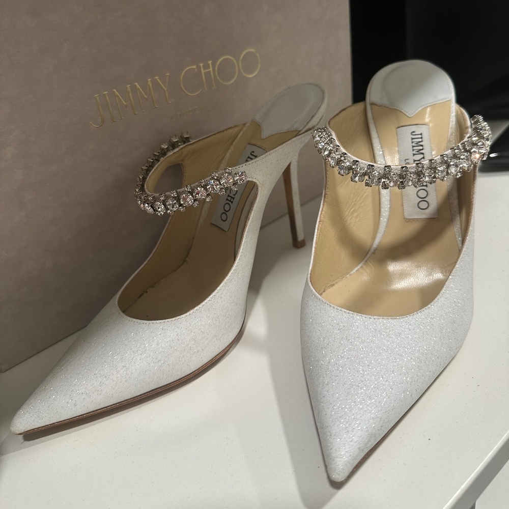 Jimmy Choo Bing 100mm White Glitter Heels